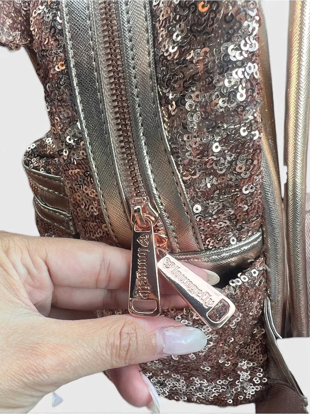 Loungefly Disney Parks Minnie Mouse Sequined Mini Backpack – Rose Gold